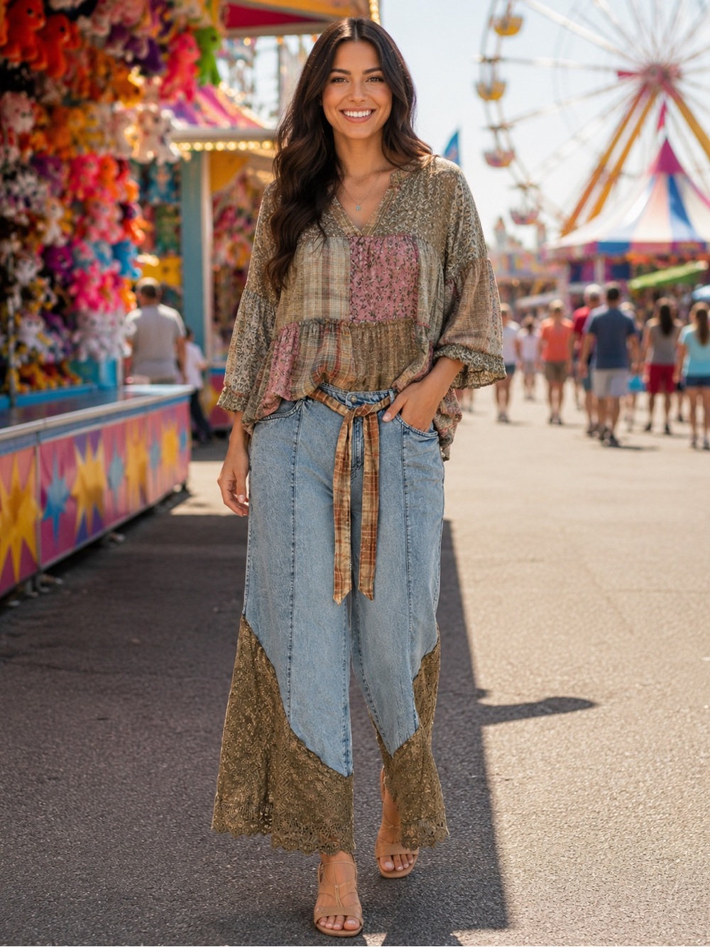 Boho Patchwork Wide-Leg Pants in Olive & Denim